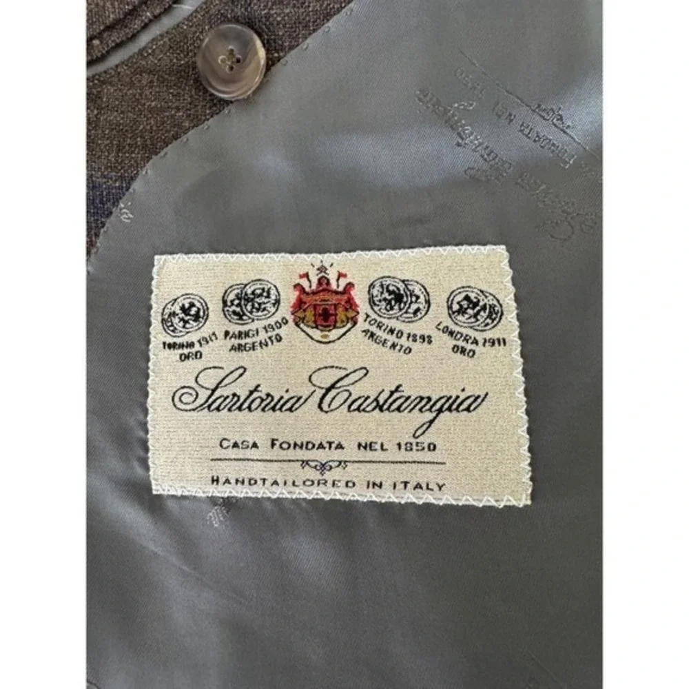 Sartoria Castangia Brown‎ Plaid 2 Button Blazer Wool/Silk/Linen 46 Brown/Blue